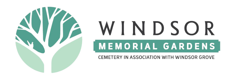 Windsor Memorial Gardens cemetery in association with Windsor Grove logo. Visual features a white tree with a bird on the branch over a two-toned teal background.